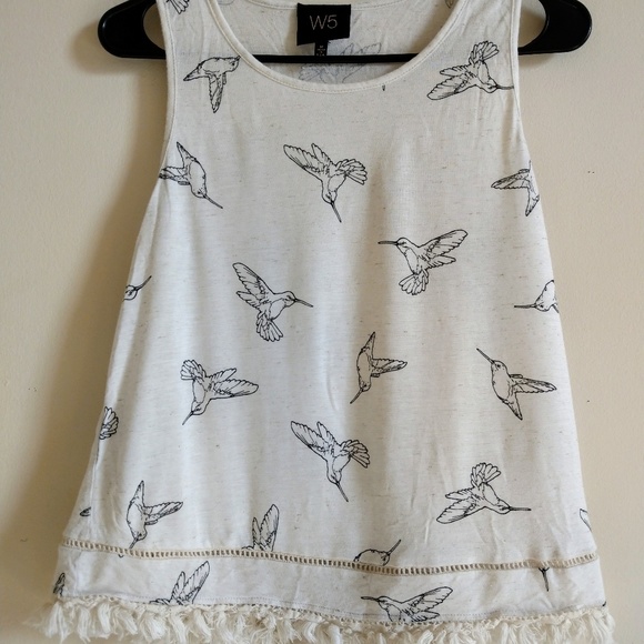 Tops - 3/$15 W5 White Tank Top with Bird Print